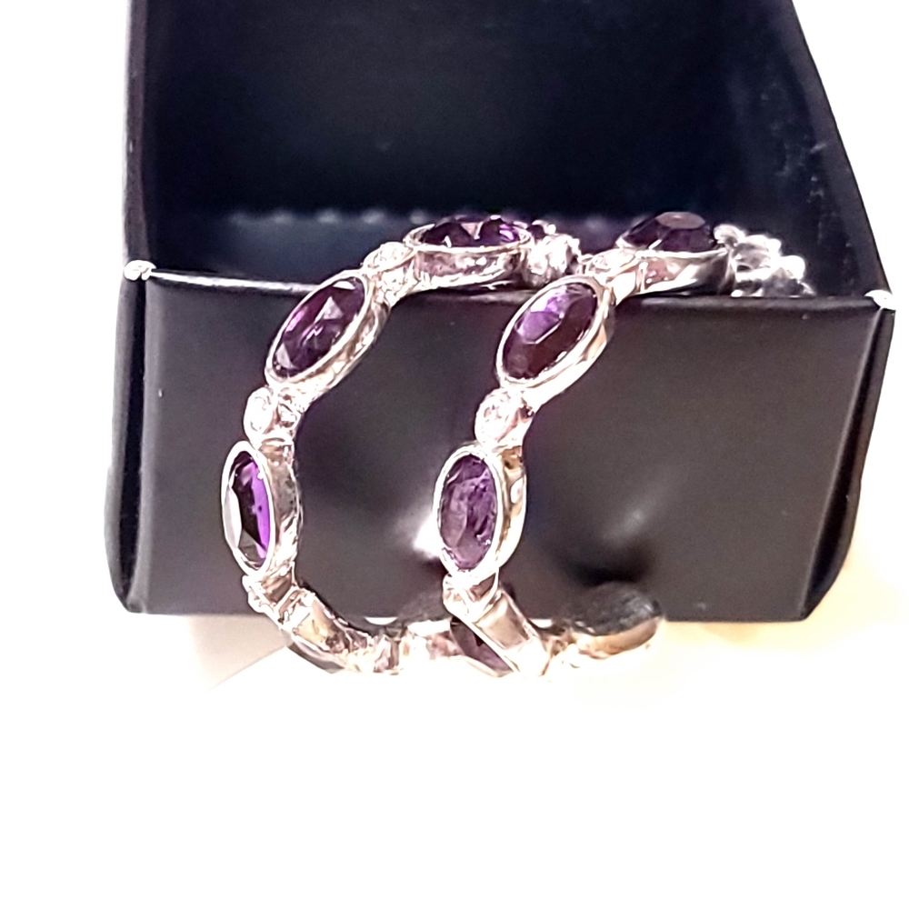 Avon Birthstone-Color Hoop Earrings February Amethyst Silver Tone Rhinestone - Picture 4 of 16